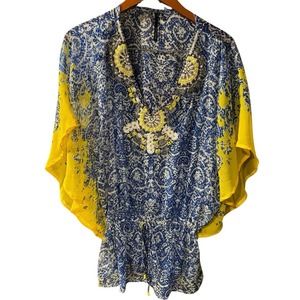 Kay Celine Women’s S Small Blue Beaded Short Flutter Sleeve Blouse Sheer Top